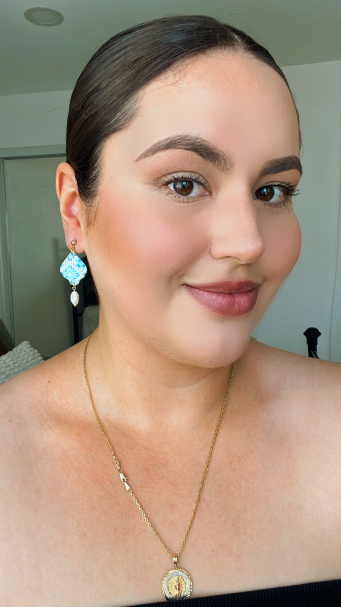 Blue Spanish Tile Pearl Earrings