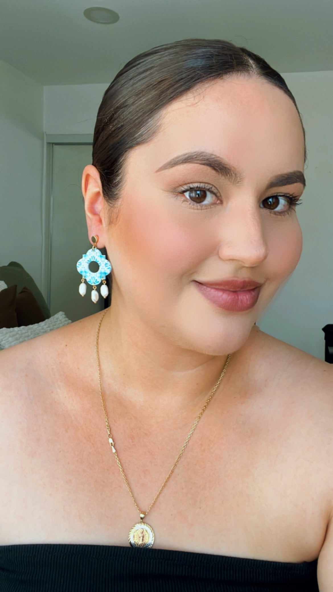 Blue Spanish Tile Pearl Earrings