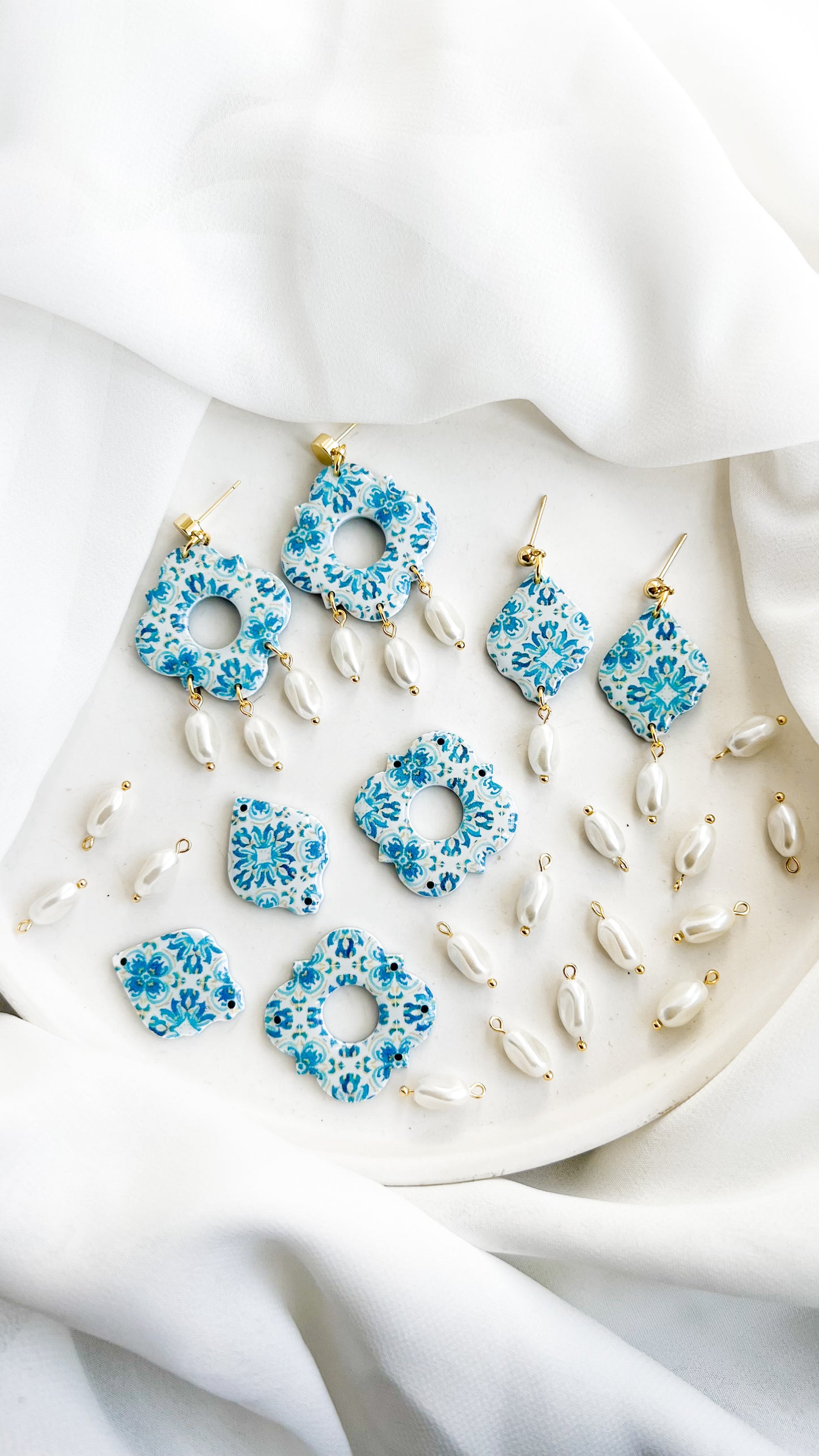 Blue Spanish Tile Pearl Earrings