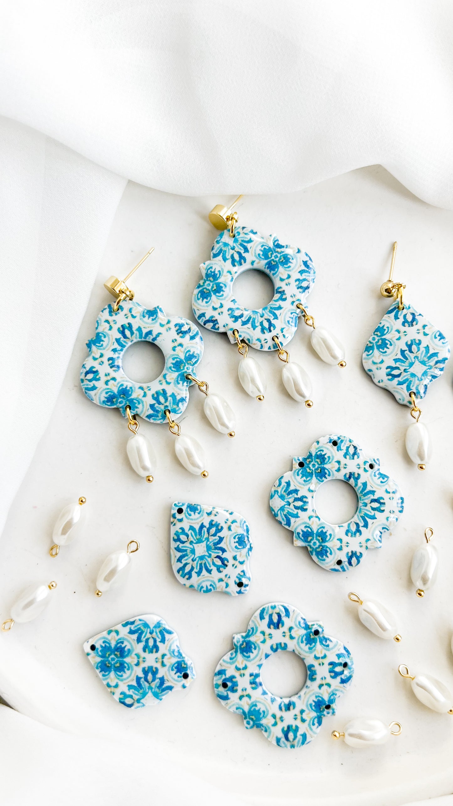 Blue Spanish Tile Pearl Earrings