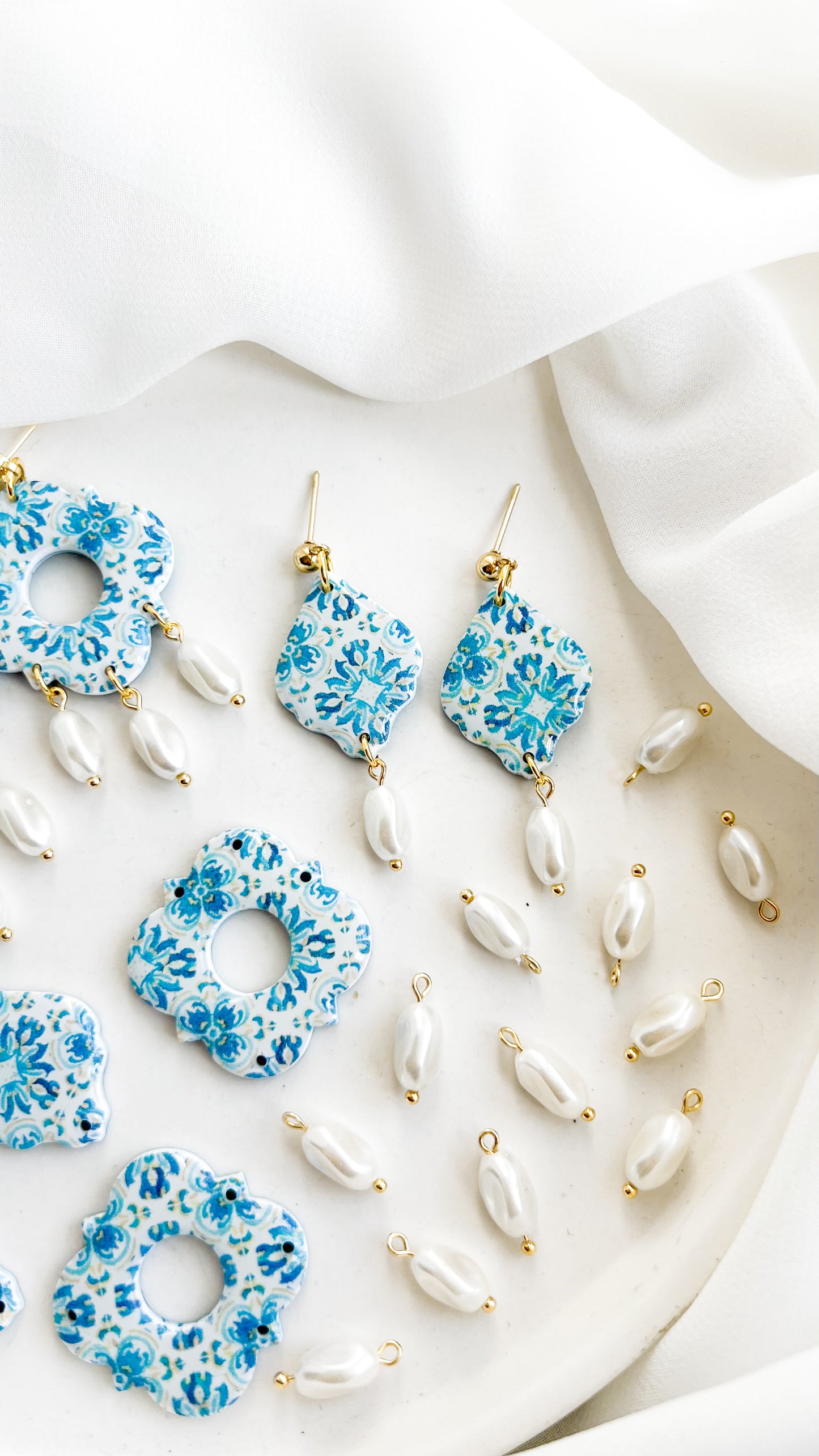 Blue Spanish Tile Pearl Earrings