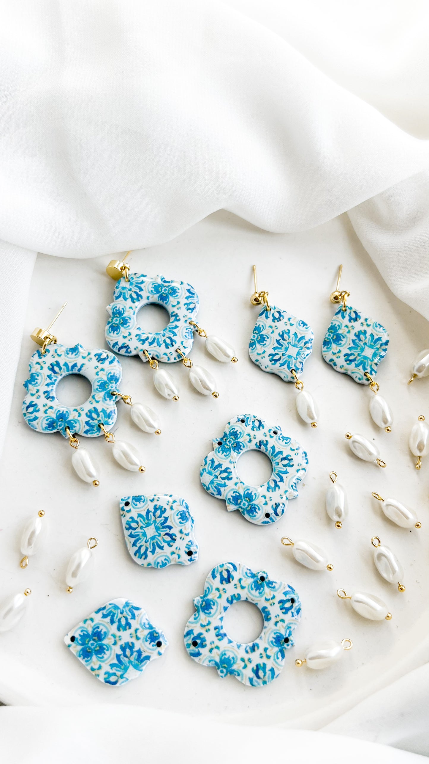 Blue Spanish Tile Pearl Earrings