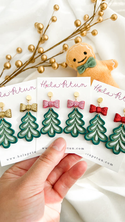 Glitter Bow Christmas Tree Earrings