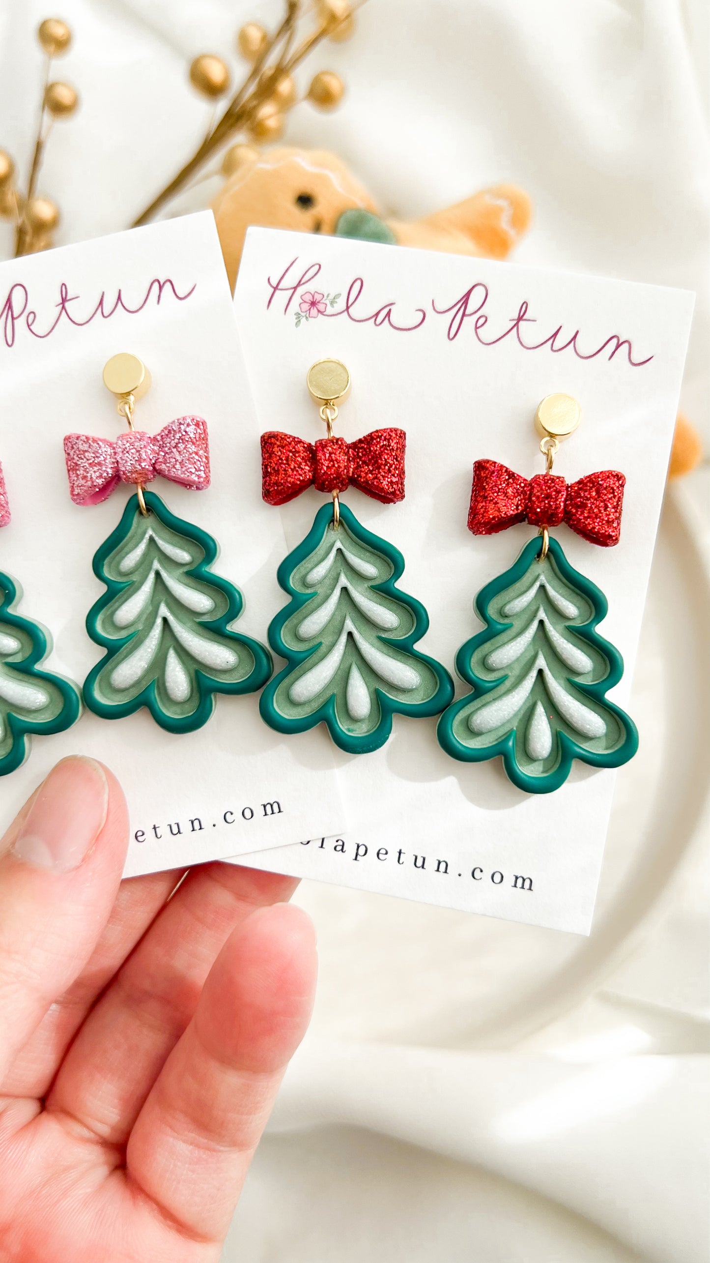 Glitter Bow Christmas Tree Earrings