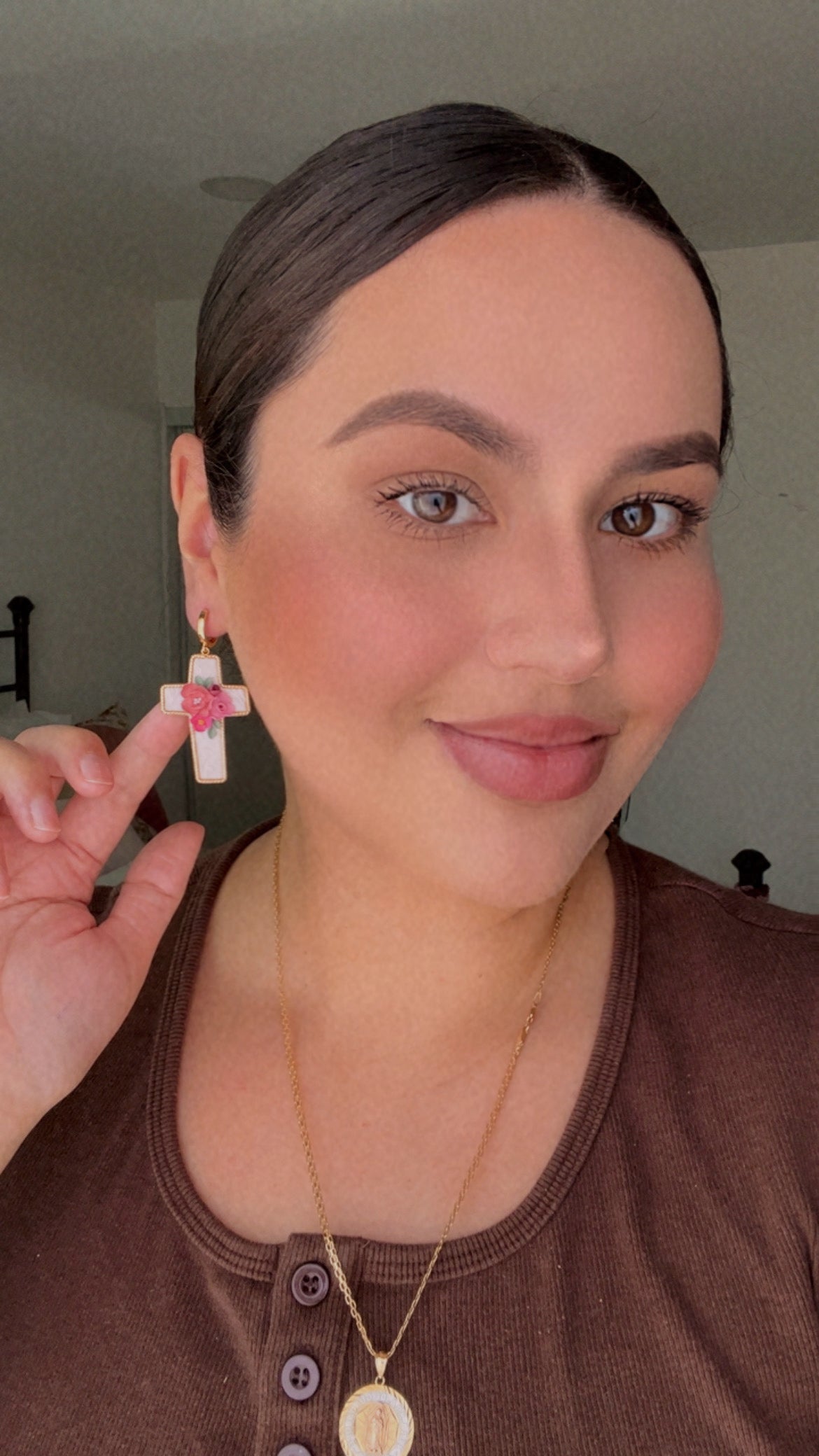 Gold Rimmed Floral Cross Earrings