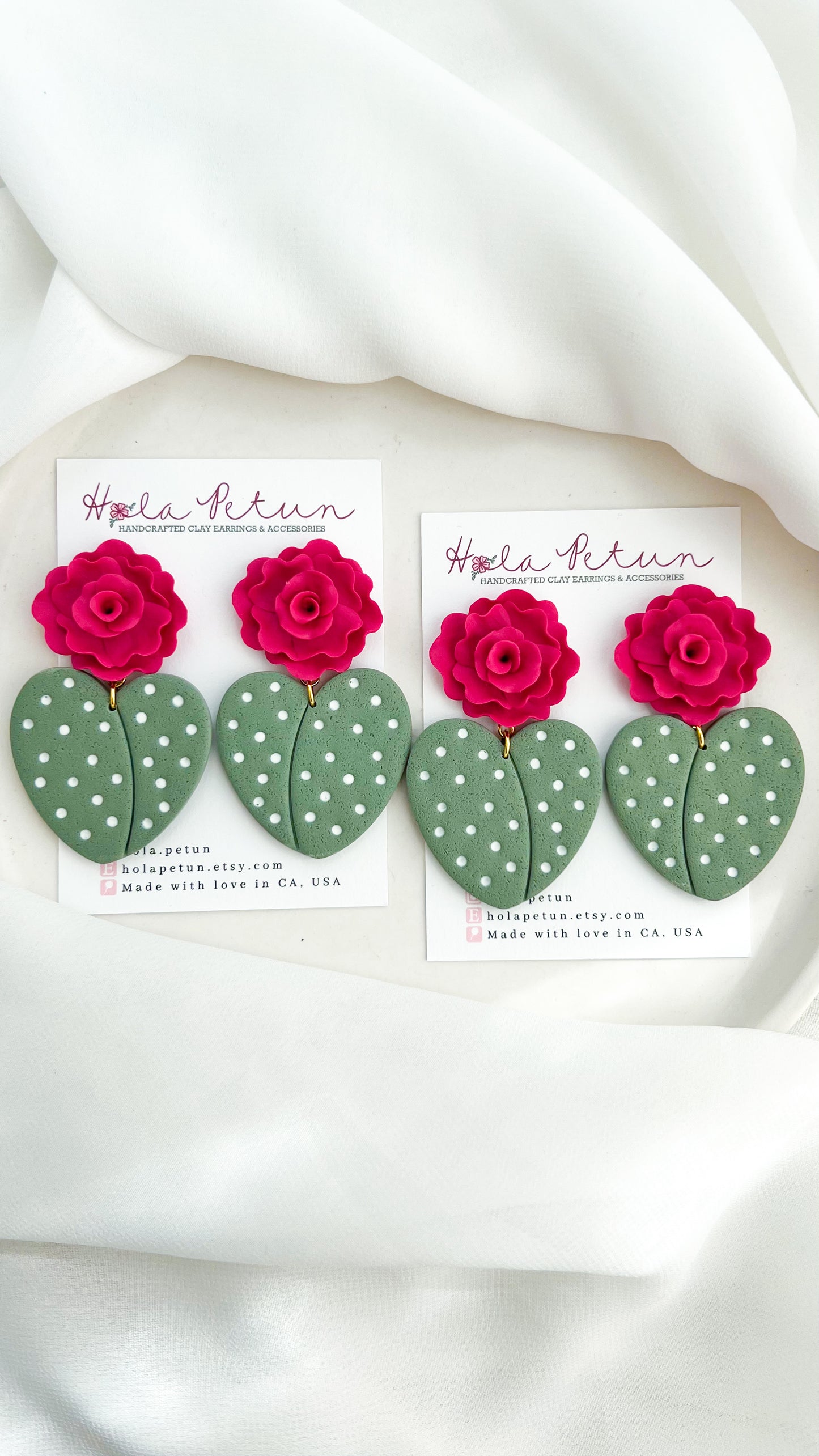 Hot Pink Rose Topped Cacti Heart Earrings