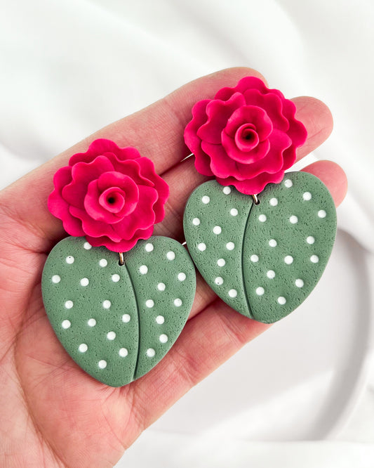 Hot Pink Rose Topped Cacti Heart Earrings