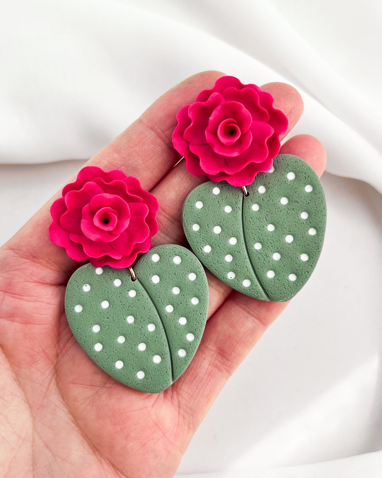 Hot Pink Rose Topped Cacti Heart Earrings