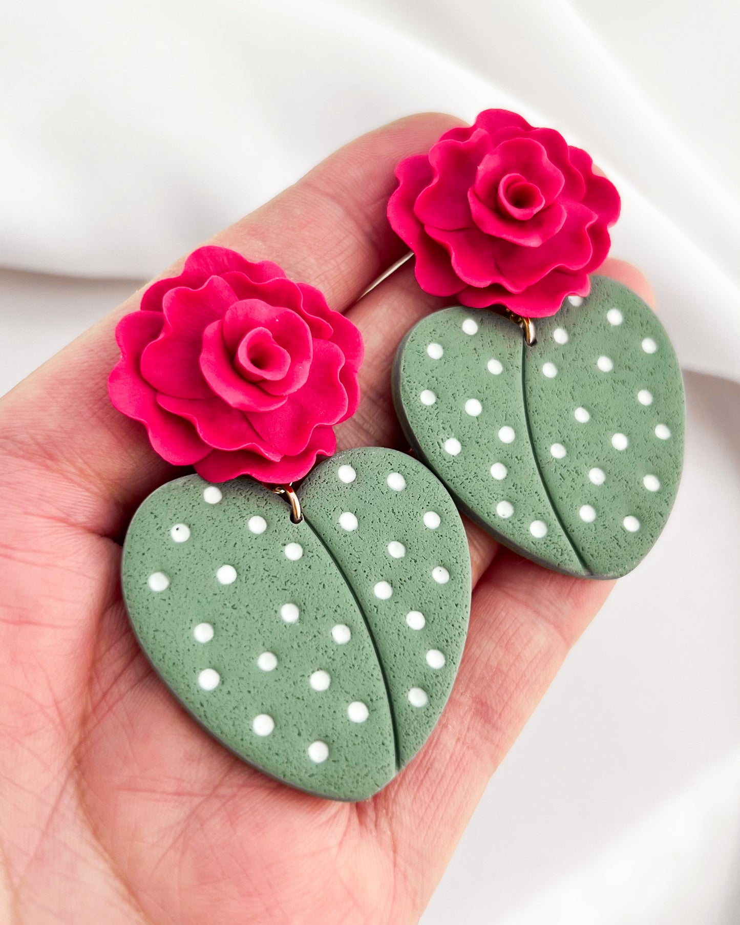 Hot Pink Rose Topped Cacti Heart Earrings