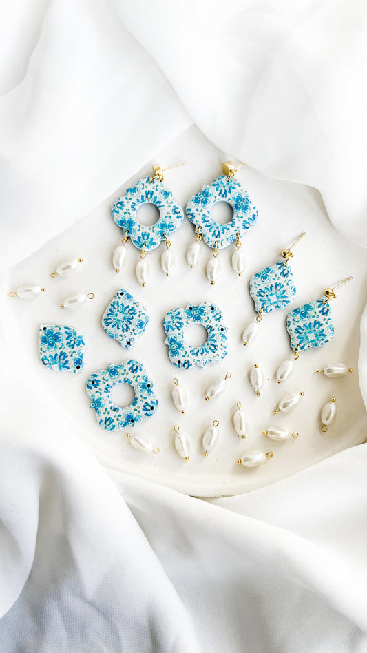 Blue Spanish Tile Pearl Earrings