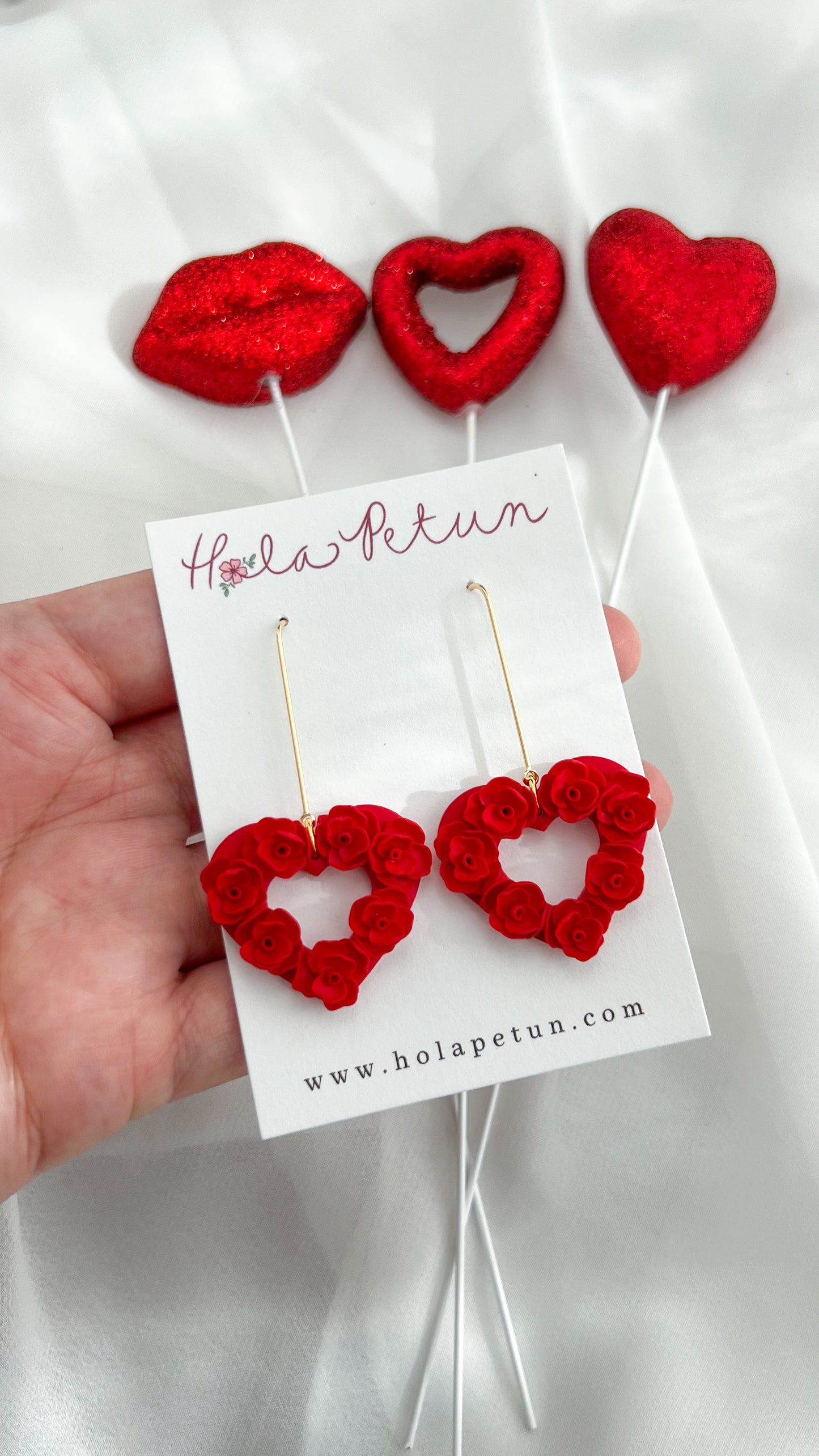Red Flower Heart Dangles