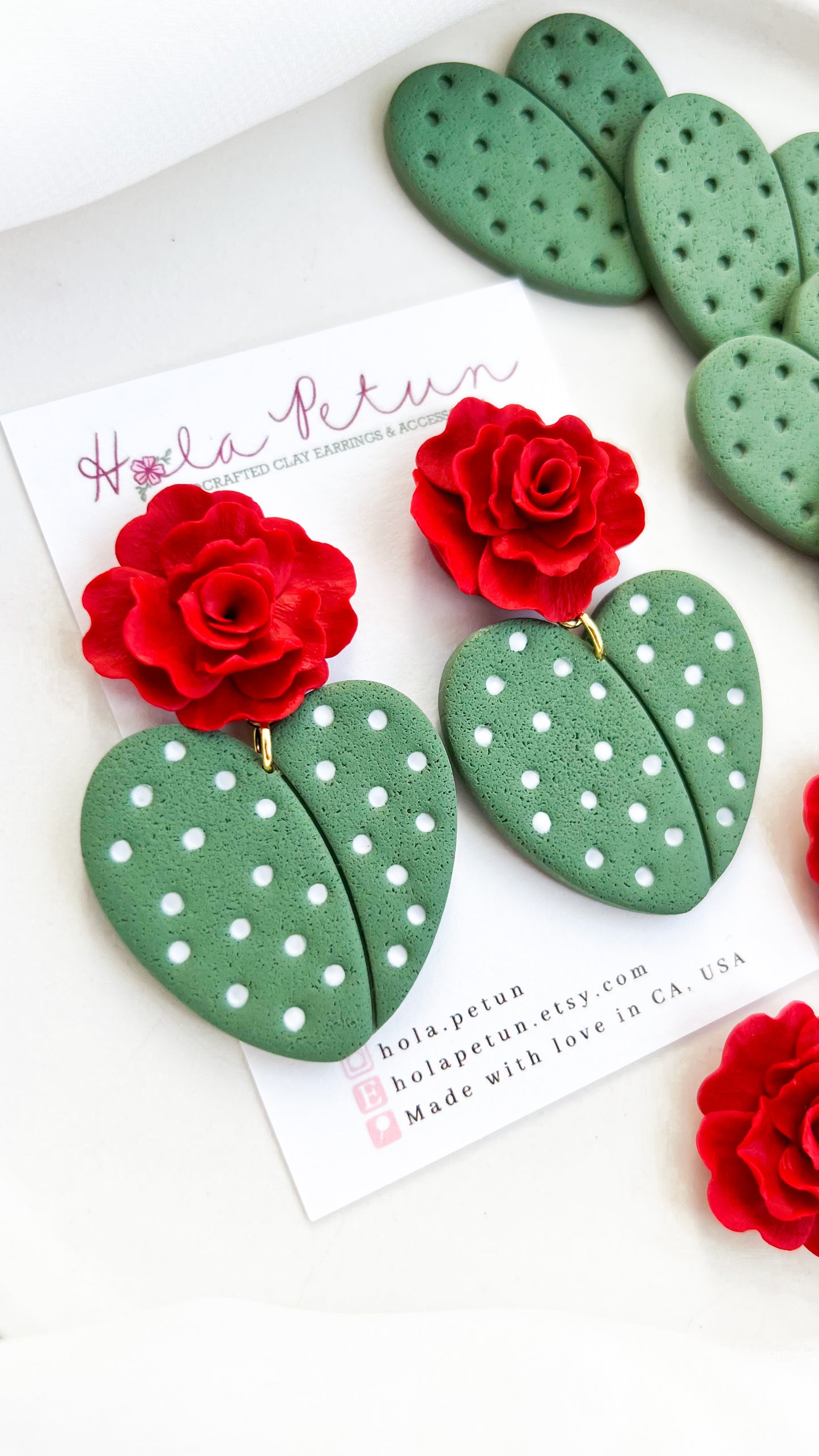 Hot Pink Rose Topped Cacti Heart Earrings