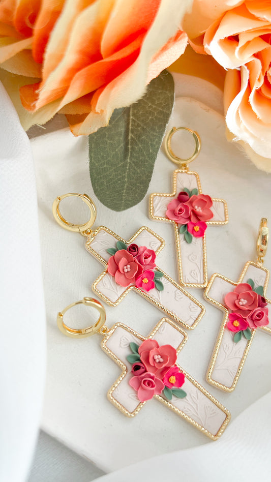Gold Rimmed Floral Cross Earrings